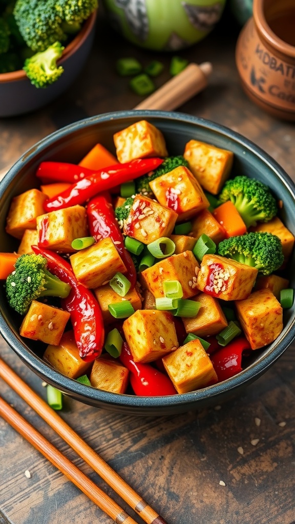 A bowl of sesame ginger tempeh stir-fry with colorful vegetables, garnished with sesame seeds and green onions.